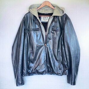LEVI'S Black Bomber Jacket Faux Leather Biker Cotton Hood Men's Large Casual Y2K